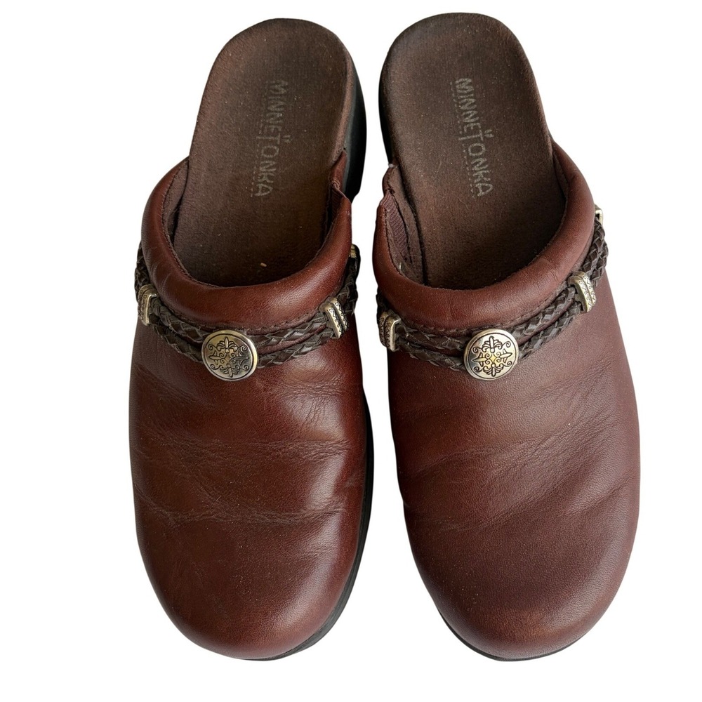 Minnetonka Brown Leather Braided Medallion Mules Clogs Wedge‎ 5122 Womens 7.5